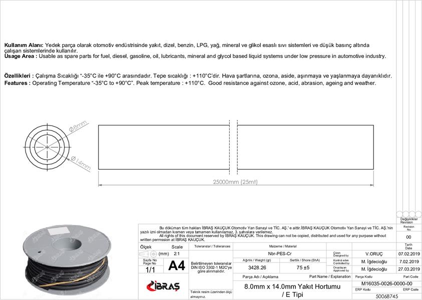 ICTEN ORGULU YAKIT HORTUMU 65655 8.0 MM X 14.0 MM NBR / CR E TIPI MAKARALI 25M