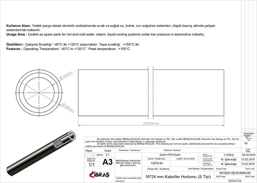 KALORIFER HORTUMU 16MM X 24MM  1 MT  65503 5/8 INC EPDM / EPDM