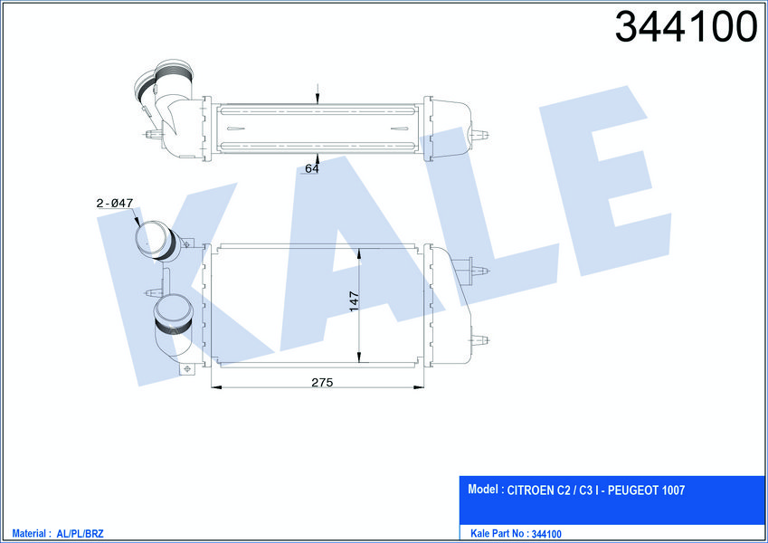 TURBO SOGUTUCU RADYATOR (INTERCOLL) C3 1,4HDI 16V 02> OLCU: (275×147×64)