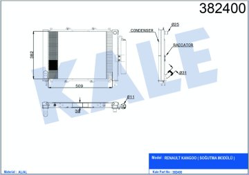 RADYATÖR+KONDENSER KNG 1.9 DCİ 03=> (MEK+AC) (AL/AL) (595x377x40)