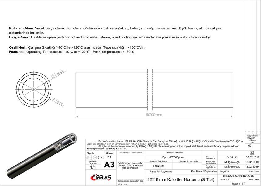 KALORİFER HORTUMU (12mm x 18mm) (1-2 INC) (1 MT) (EPDM-EPDM)