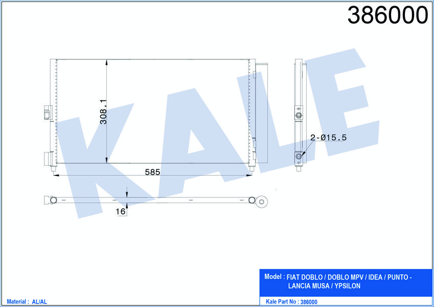 KLİMA KONDENSERİ DOBLO 01>IDEA 04>PUNTO 03>YPSILON (06-11) 1.3 JTD-1.9JTD (AL/AL) (586x288x16)