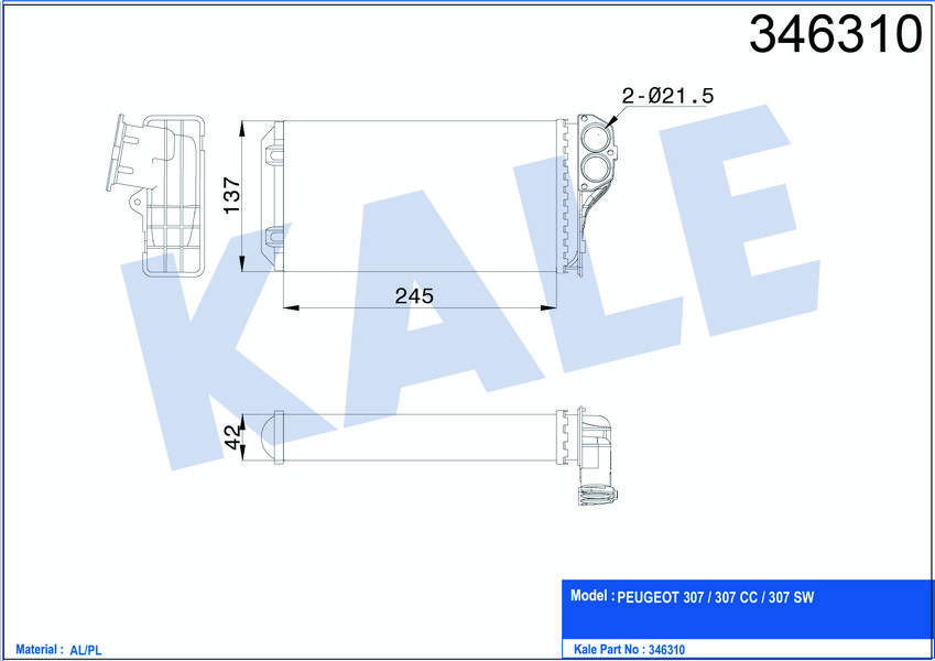 KALORİFER RADYATÖRÜ 307 00=> (242x135x42 / AC+) (AL/MKNK)