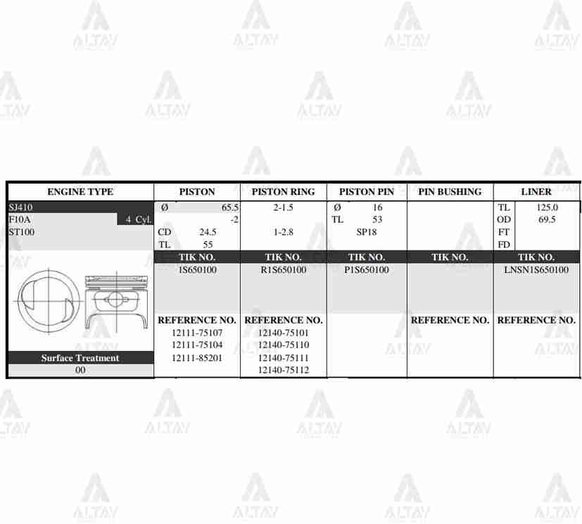 PİSTON TAKIM CARRY 1.0L / 88-98 / F10A / SAMURAI 84-86 / 65.50mm / SJ410 / STD