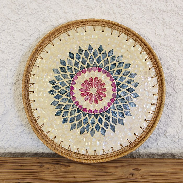 ANİTA KIRMIZI & LACİVERT ÇİÇEK DESENLİ 40 CM. SEDEFLİ MOZAİK TEPSİ & DUVAR DEKORU