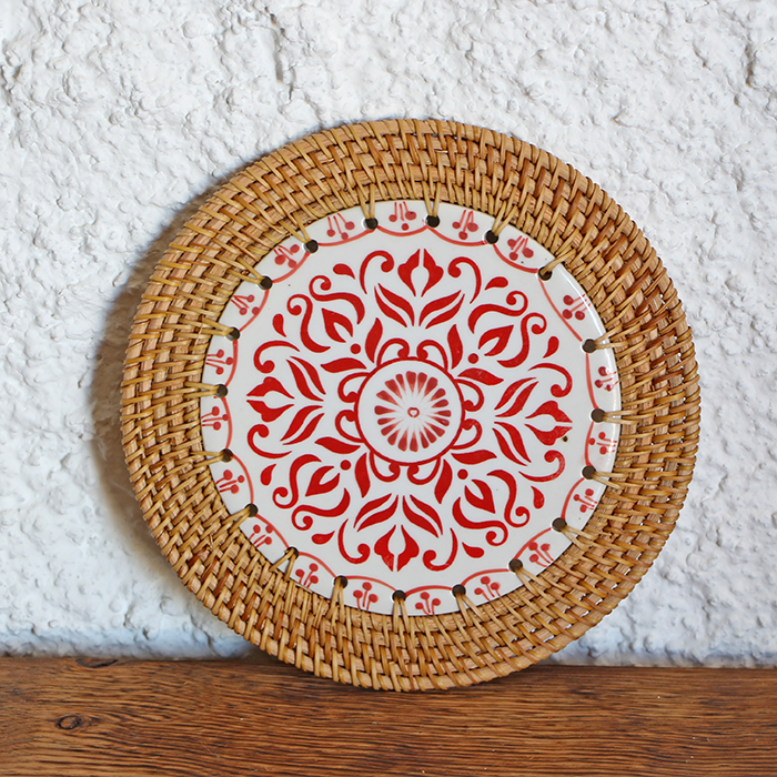 RATTAN ÇERÇEVELİ 20 CM KIRMIZI GEOMETRİK MOTİFLİ DEKORATİF OBJE & NİHALE