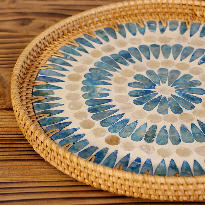 ANİTA RATTAN ÇERÇEVELİ 30 CM. EL YAPIMI SEDEFLİ MOZAİK TEPSİ & DUVAR DEKORU