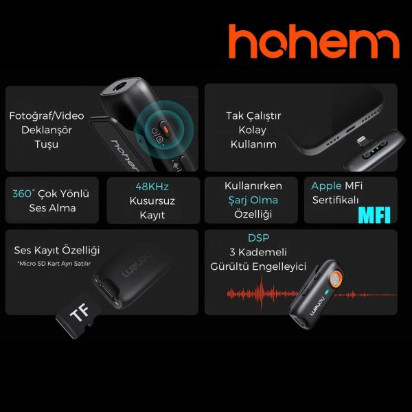 Hohem MIC-01 Wireless 2 Kişilik Yaka Mikrofonu (Type-c)