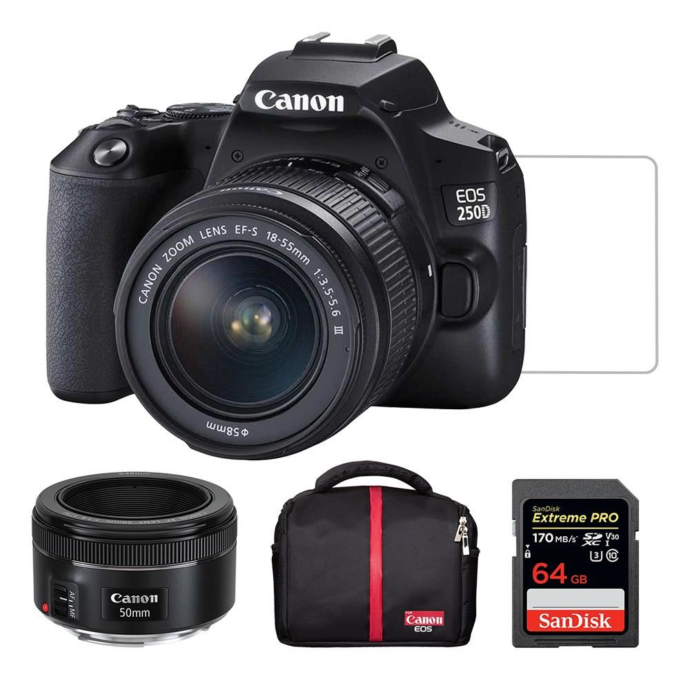 Canon 250D 18-55 DC + 50mm 1.8 STM + Kart + Çanta + Ek. Koruyucu