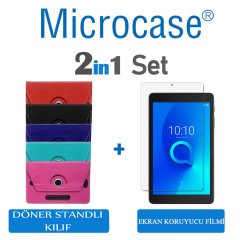 Microcase Alcatel 3T 8 inch Tablet Universal Döner Standlı Tablet Kılıfı + Ekran Koruma Filmi