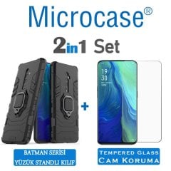 Microcase Oppo Reno 10x Zoom Batman Serisi Yüzük Standlı Armor Kılıf + Tempered Glass Cam Koruma (SEÇENEKLİ)