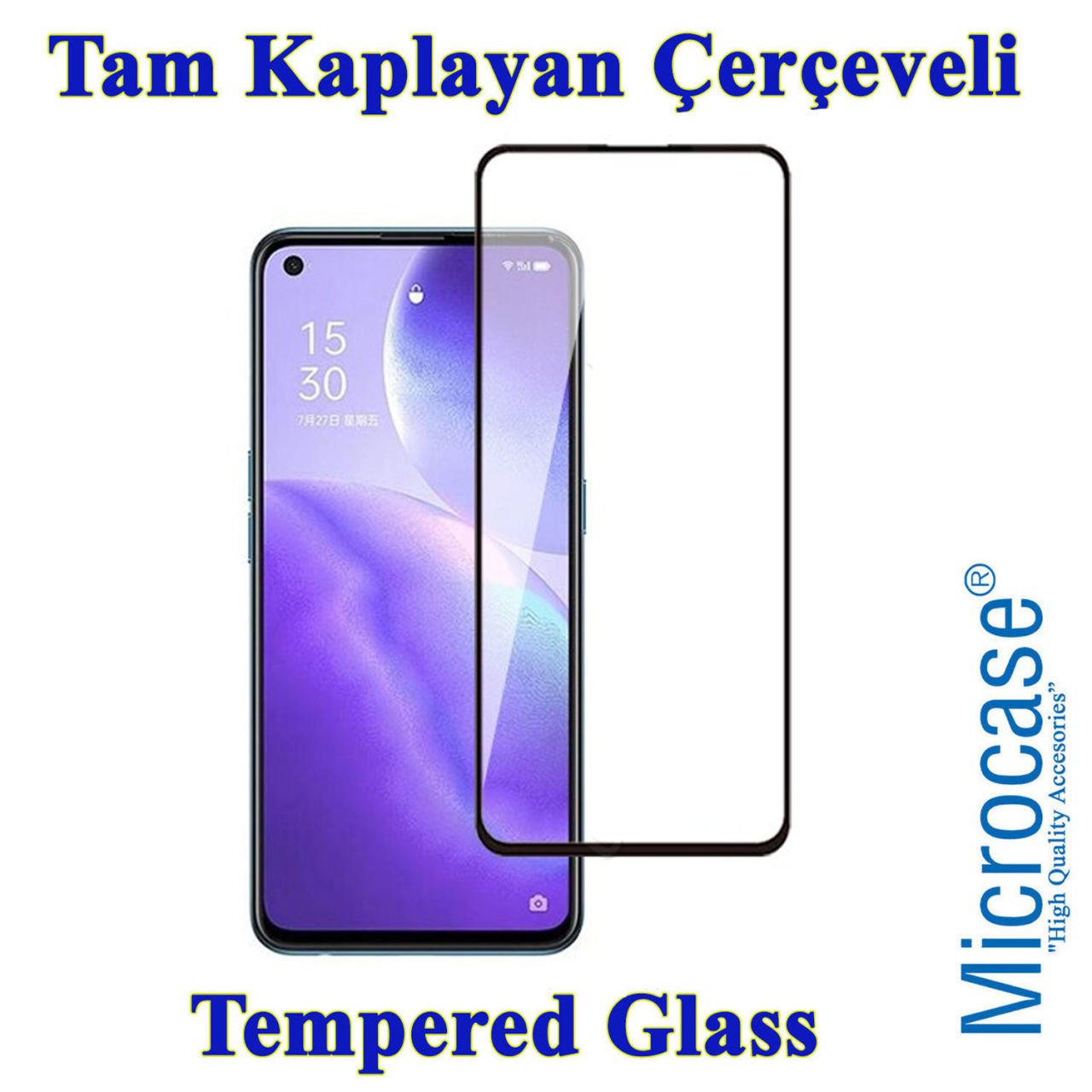 Microcase Oppo Reno 5 5G Tam Kaplayan Çerçeveli Tempered Ekran Koruyucu - Siyah