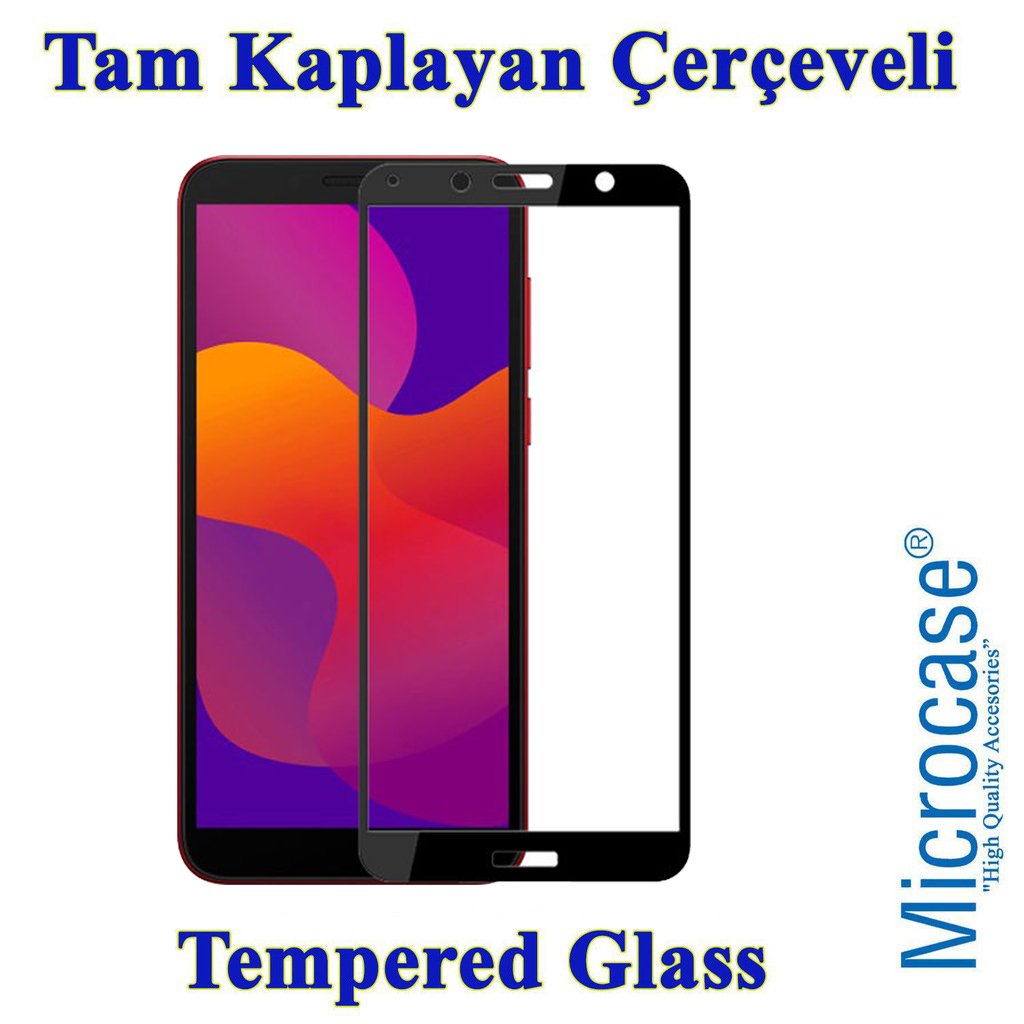 Microcase Huawei Y5P Tam Kaplayan Çerçeveli Cam -Siyah