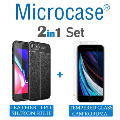 Microcase iPhone SE 2020 Leather Tpu Silikon Kılıf - Siyah + Tempered Glass Cam Koruma