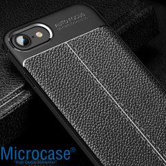 Microcase iPhone SE 2020 Leather Tpu Silikon Kılıf - Siyah + Tempered Glass Cam Koruma