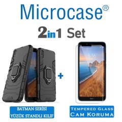 Microcase Xiaomi Redmi 7A Batman Serisi Yüzük Standlı Armor Kılıf + Tempered Glass Cam Koruma (SEÇENEKLİ)