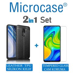 Microcase Xiaomi Redmi Note 9 Leather Tpu Silikon Kılıf - Siyah + Tempered Glass Cam Koruma