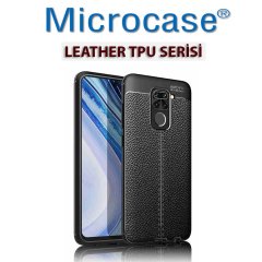 Microcase Xiaomi Redmi Note 9 Leather Tpu Silikon Kılıf - Siyah + Tempered Glass Cam Koruma