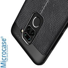 Microcase Xiaomi Redmi Note 9 Leather Tpu Silikon Kılıf - Siyah + Tempered Glass Cam Koruma