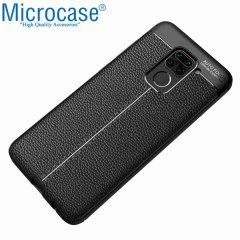 Microcase Xiaomi Redmi Note 9 Leather Tpu Silikon Kılıf - Siyah + Tempered Glass Cam Koruma