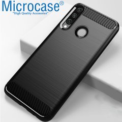 Huawei Y6P Brushed Carbon Fiber Silikon Kılıf - Siyah