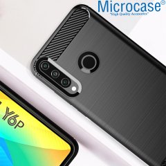 Huawei Y6P Brushed Carbon Fiber Silikon Kılıf - Siyah