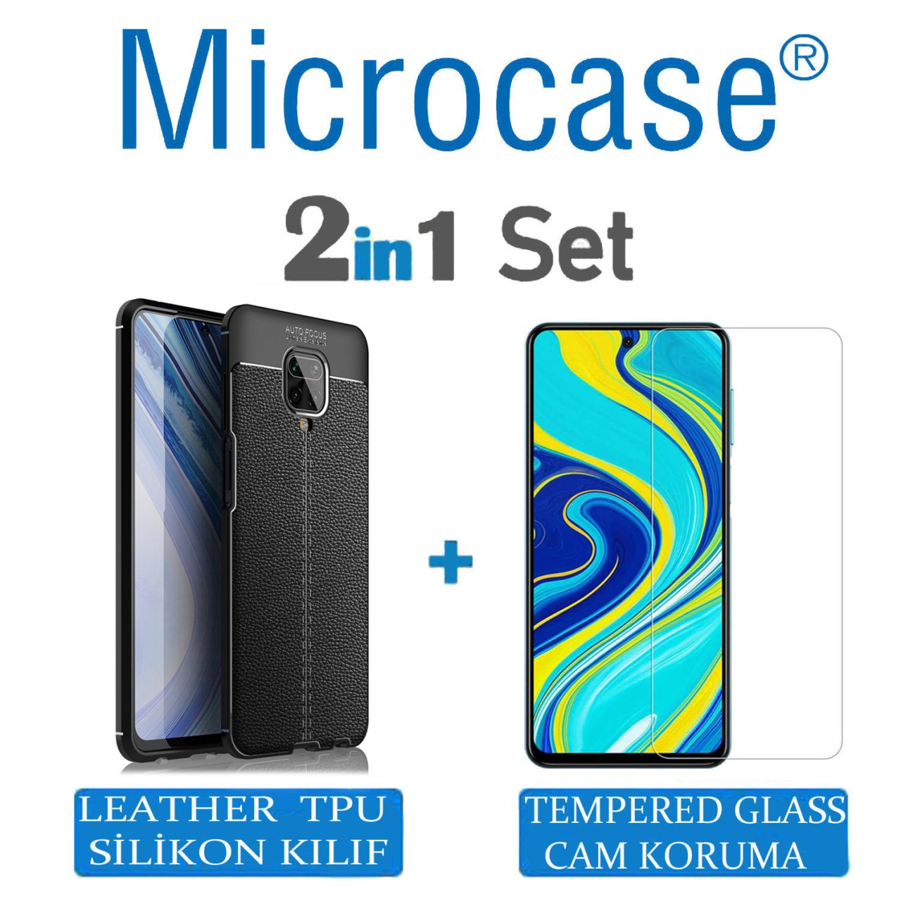 Microcase Xiaomi Redmi Note 9S - Redmi Note 9 Pro - Redmi Note 9 Pro Max Leather Tpu Silikon Kılıf - Siyah + Tempered Glass Cam Koruma