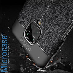Microcase Xiaomi Redmi Note 9S - Redmi Note 9 Pro - Redmi Note 9 Pro Max Leather Tpu Silikon Kılıf - Siyah + Tempered Glass Cam Koruma