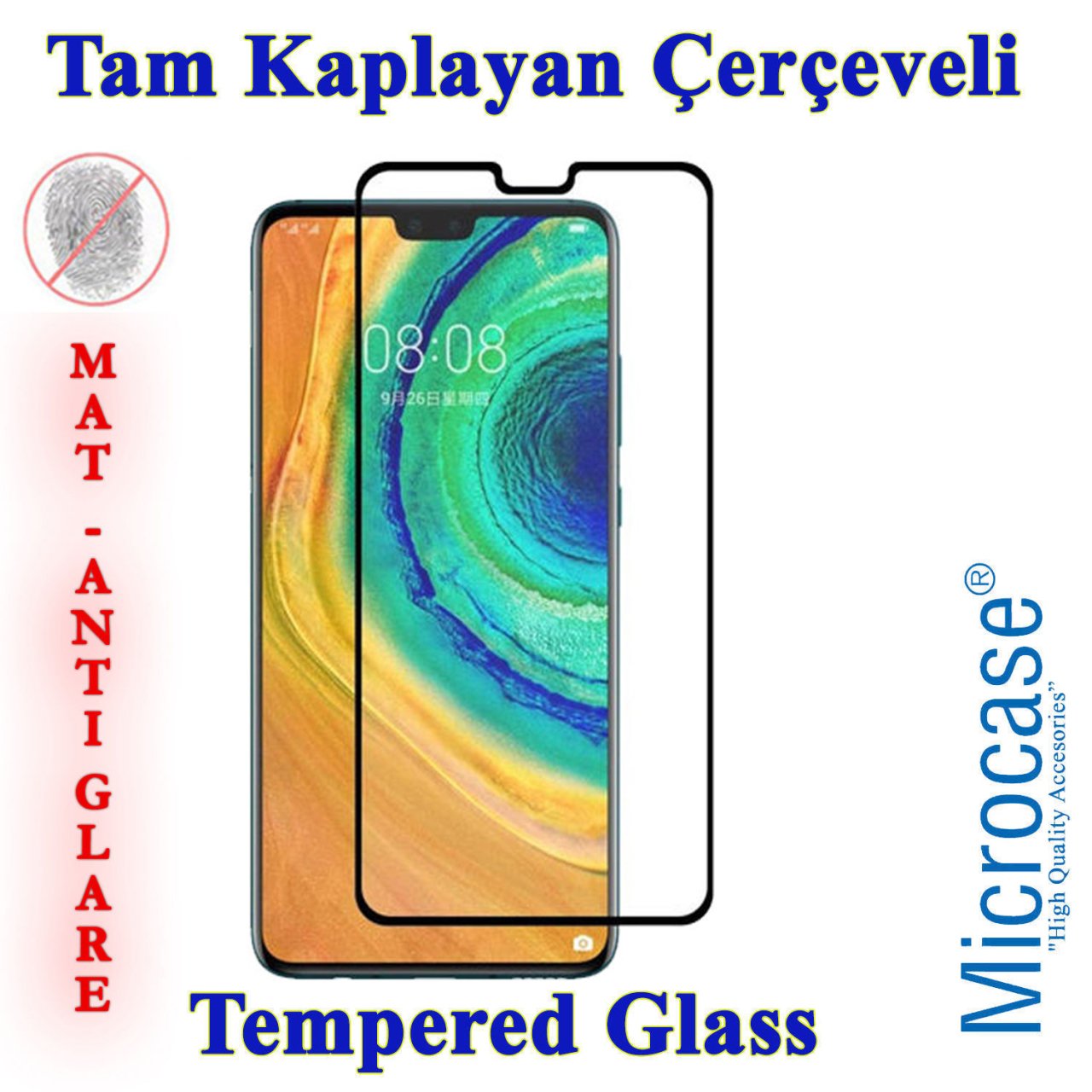 Microcase Huawei Mate 30 Tam Kaplayan Çerçeveli Tempered Ekran Koruyucu - Mat Siyah