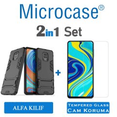 Microcase Xiaomi Redmi Note 9S - Redmi Note 9 Pro - Redmi Note 9 Pro Max Alfa Serisi Armor Standlı Perfect Koruma Kılıf + Tempered Glass Cam Koruma