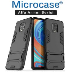 Microcase Xiaomi Redmi Note 9S - Redmi Note 9 Pro - Redmi Note 9 Pro Max Alfa Serisi Armor Standlı Perfect Koruma Kılıf + Tempered Glass Cam Koruma