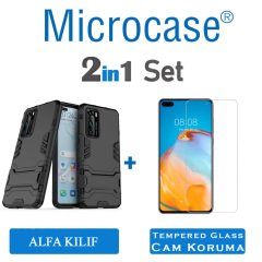 Microcase Huawei P40 Alfa Serisi Armor Standlı Perfect Koruma Kılıf + Tempered Glass Cam Koruma