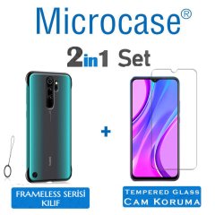 Microcase Xiaomi Redmi 9 Frameless Serisi Sert Rubber Kılıf - Mavi+Tempered Glass Cam Koruma