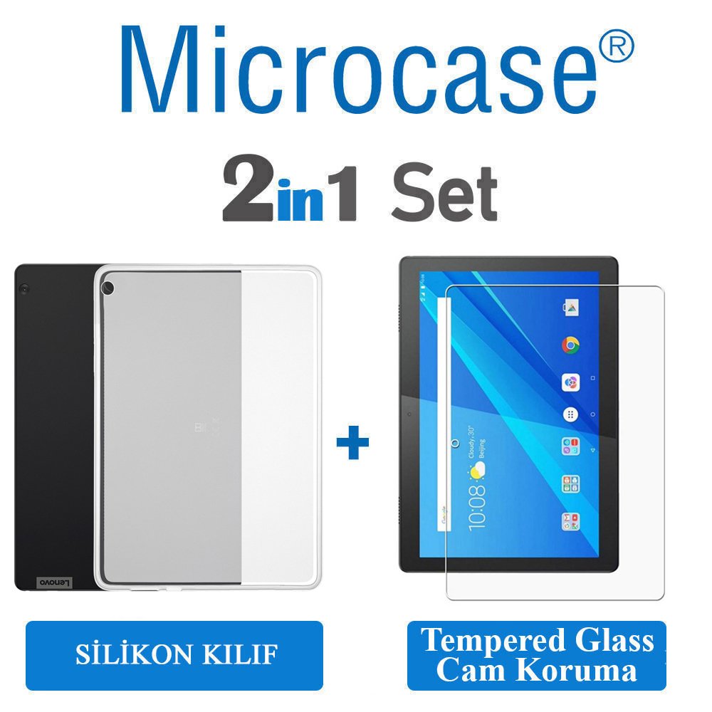 Microcase Lenovo TAB M10 TB-X505L 10.1 Tablet Silikon Tpu Soft Kılıf - Şeffaf + Tempered Glass Cam Koruma