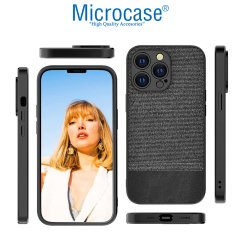 Microcase iPhone 13 Pro Fabrik Serisi Kumaş ve Deri Desen Kılıf - Siyah