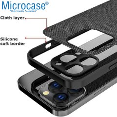 Microcase iPhone 13 Pro Fabrik Serisi Kumaş ve Deri Desen Kılıf - Siyah