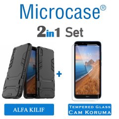 Microcase Xiaomi Redmi 7A Alfa Serisi Armor Standlı Perfect Koruma Kılıf + Tempered Glass Cam Koruma (SEÇENEKLİ)