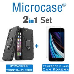 Microcase iPhone SE 2020 Batman Serisi Yüzük Standlı Armor Kılıf - Siyah + Tempered Glass Cam Koruma