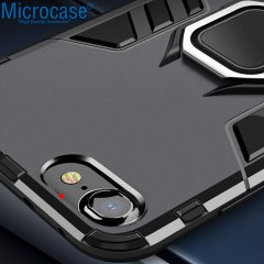 Microcase iPhone SE 2020 Batman Serisi Yüzük Standlı Armor Kılıf - Siyah + Tempered Glass Cam Koruma