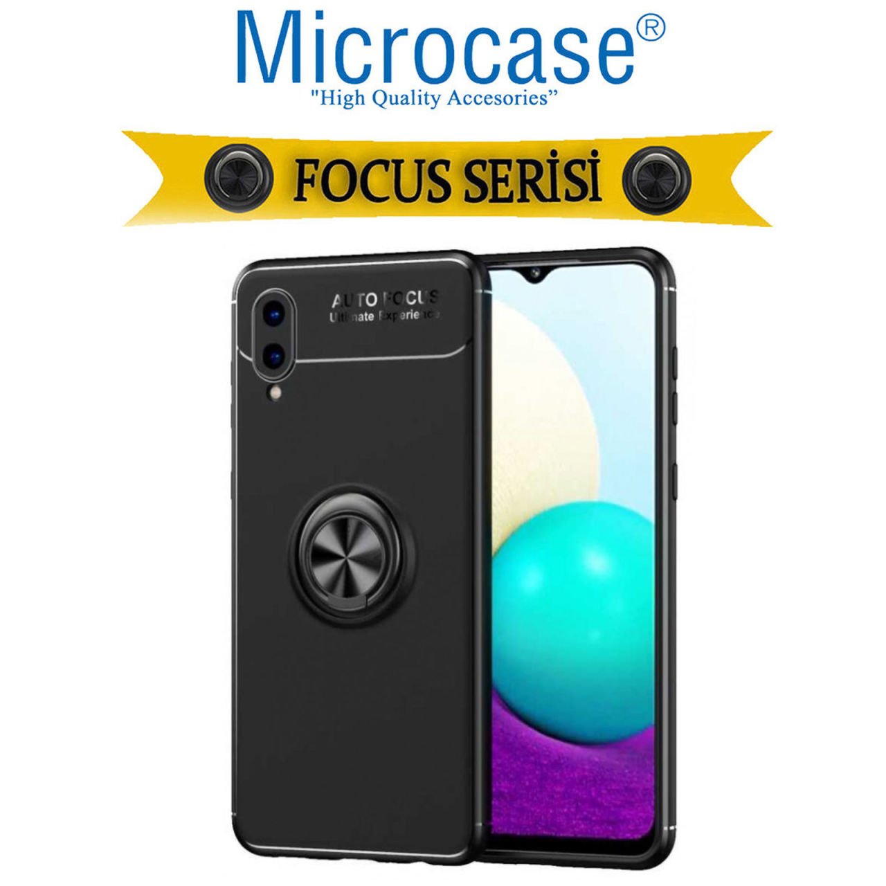 Microcase Samsung Galaxy A02 Focus Serisi Yüzük Standlı Silikon Kılıf - Siyah