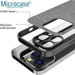 Microcase iPhone 13 Pro Fabrik Serisi Kumaş ve Deri Desen Kılıf - Gri