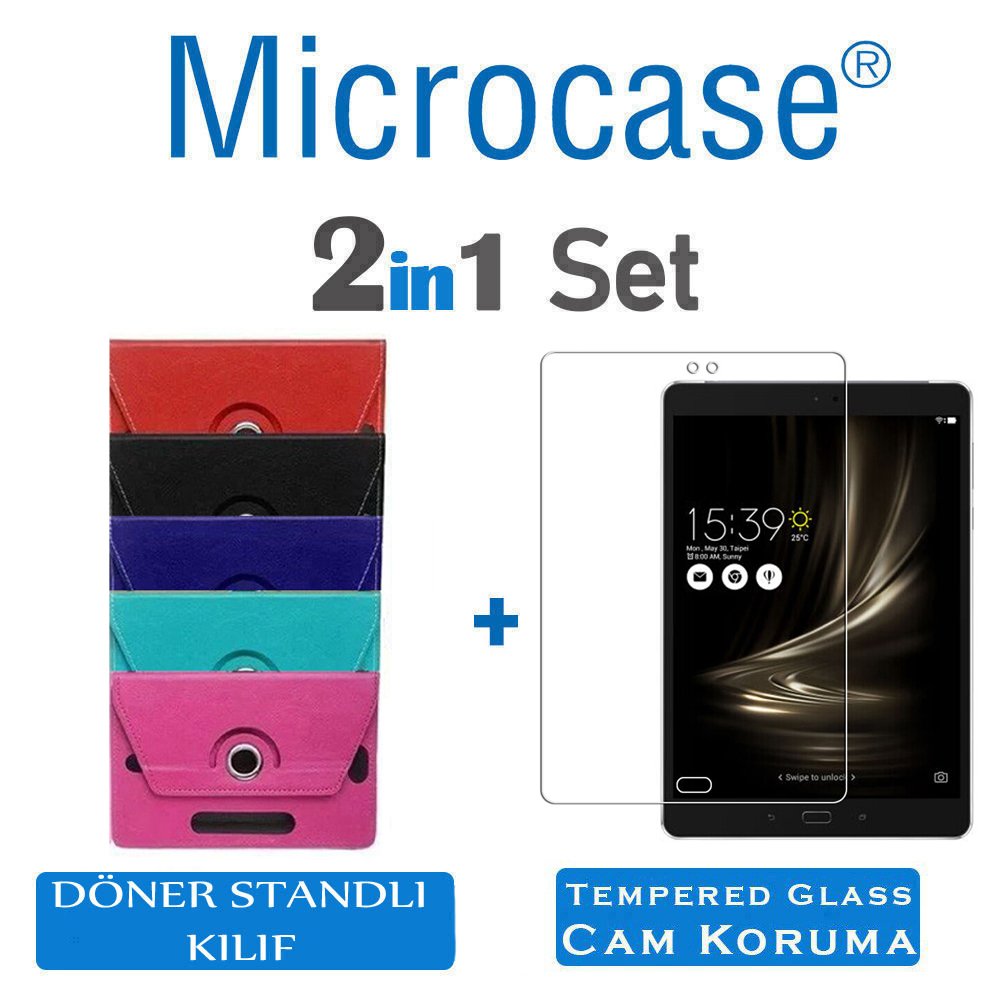 Microcase Asus ZenPad 3S 10 Z500KL 9.7 inch Universal Döner Standlı Tablet Kılıfı + Tempered Glass Cam Koruma