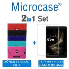 Microcase Asus ZenPad 3S 10 Z500KL 9.7 inch Universal Döner Standlı Tablet Kılıfı + Tempered Glass Cam Koruma