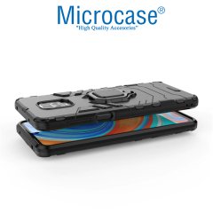 Microcase Xiaomi Redmi Note 9S - Redmi Note 9 Pro - Redmi Note 9 Pro Max Batman Serisi Yüzük Standlı Armor Kılıf - Siyah + Tempered Glass Cam Koruma