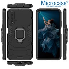 Microcase Huawei Honor 20 - Nova 5T Batman Serisi Yüzük Standlı Armor Kılıf - Siyah + Tempered Glass Cam Koruma