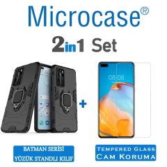 Microcase Huawei P40 Batman Serisi Yüzük Standlı Armor Kılıf - Siyah + Tempered Glass Cam Koruma