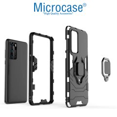 Microcase Huawei P40 Batman Serisi Yüzük Standlı Armor Kılıf - Siyah + Tempered Glass Cam Koruma