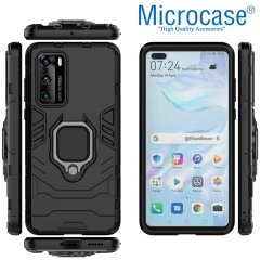 Microcase Huawei P40 Batman Serisi Yüzük Standlı Armor Kılıf - Siyah + Tempered Glass Cam Koruma