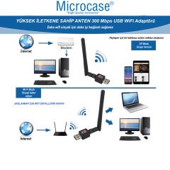 Microcase 2.4GHz 300 Mbps USB Wireless Adaptör WiFi Anten 15.5 cm - AL4221