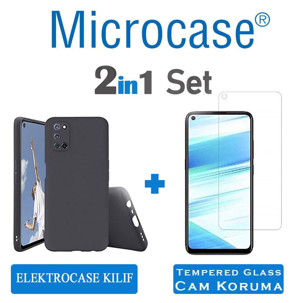 Oppo A52 Elektrocase Serisi Kamera Korumalı Silikon Kılıf - Siyah + Tempered Glass Koruma